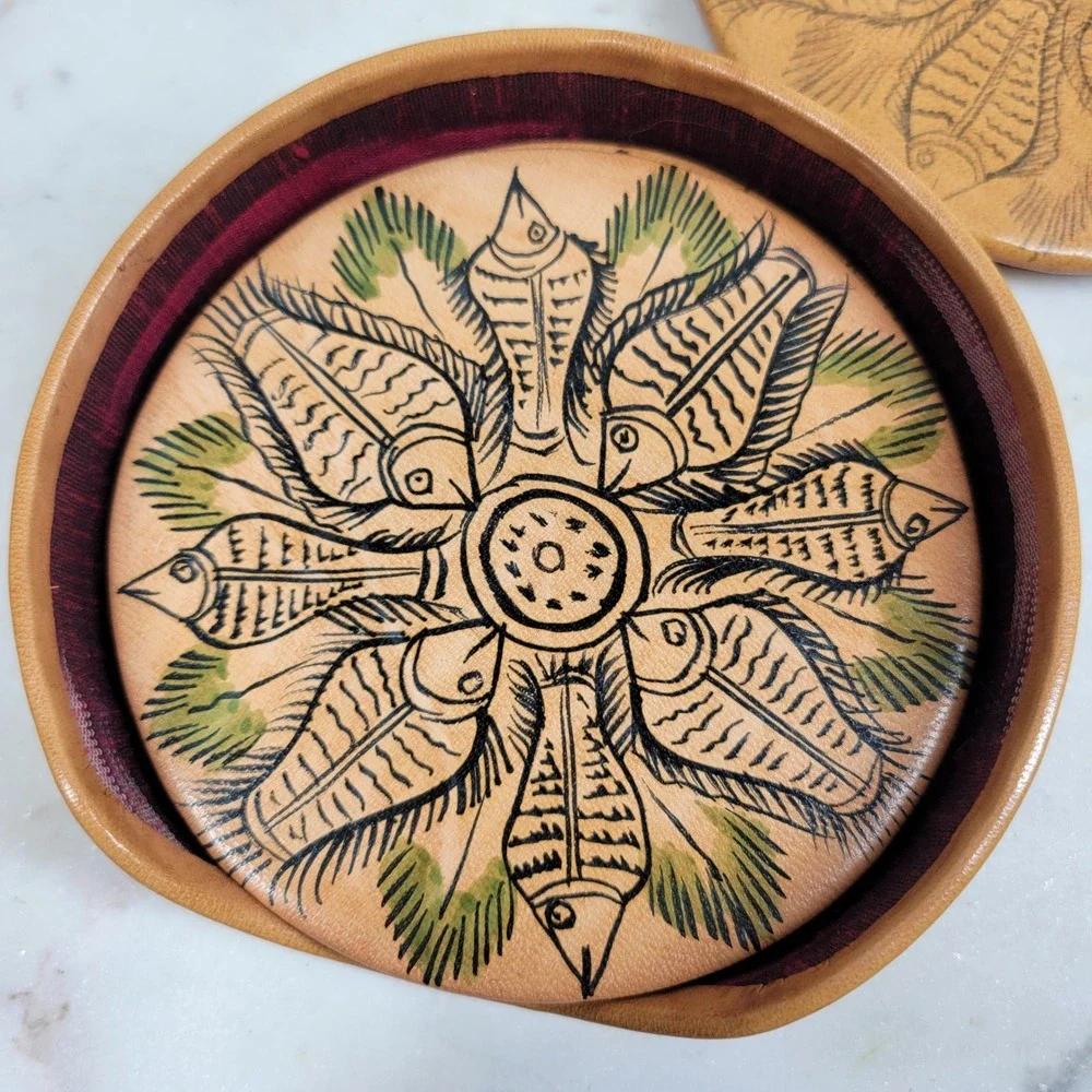 VTG Hand Painted Leather Fish Coaster Set w Storage Box Silk Back Folk Art Boho